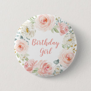 Girly Blush Pink Gold Floral First 1st Birthday 2 Inch Round Button