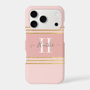 Girly Blush Pink Gold Monogram Stripe