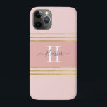 Girly Blush Pink Gold Monogram Stripe iPhone 11 Pro Case<br><div class="desc">Protect your phone wiht this personalized girly Iphone 11 case. It has grey text and a white monogram initial on a beautiful blush pink background. Customize the Iphone cover with the name and initial of your choice to make someone feel extra special. Makes a fun gift for birthdays or for...</div>