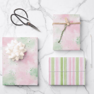 Girly Blush Pink Green Abstract Stripes Birthday Wrapping Paper Sheet