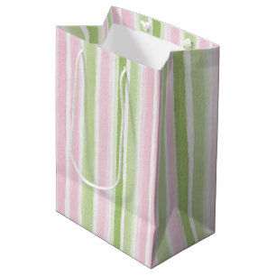 Girly Blush Pink Green Stripes Birthday Medium Gift Bag