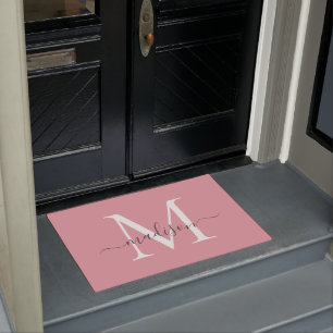 Girly Blush Pink Grey Custom Monogram Script Name Doormat