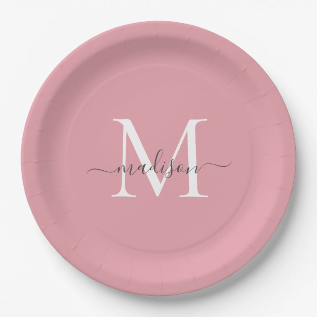 Girly Blush Pink Grey Monogram Elegant Script Name Paper Plate (Front)