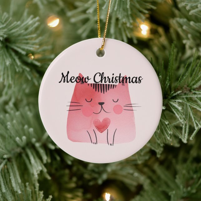 Girly Blush Pink Heart Cat Ceramic Ornament (Tree)