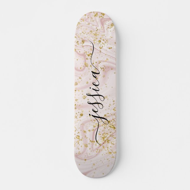 Girly blush pink marble gold glitter script name skateboard (Front)