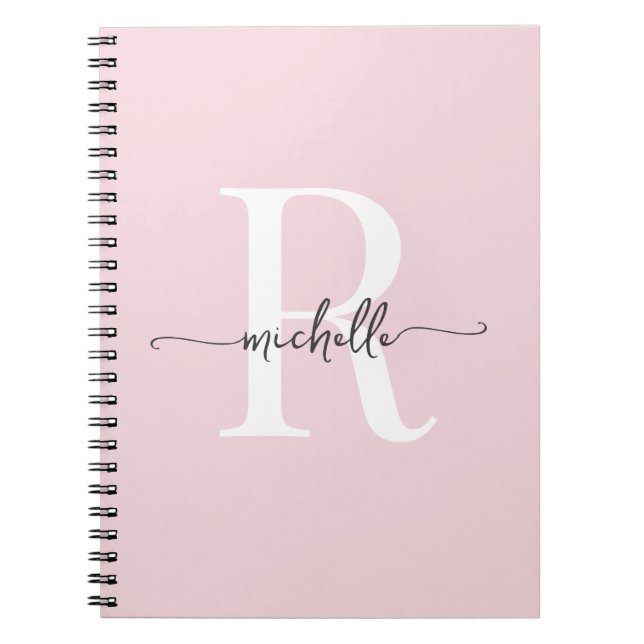 Girly Blush Pink Modern Script Monogram Name Notebook (Front)