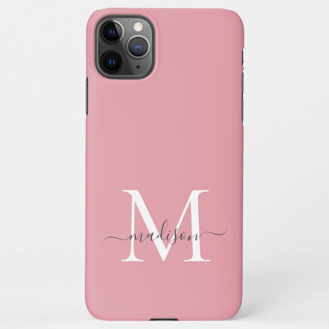 Girly Blush Pink Monogram Elegant Grey Chic Script iPhone Case (Back)