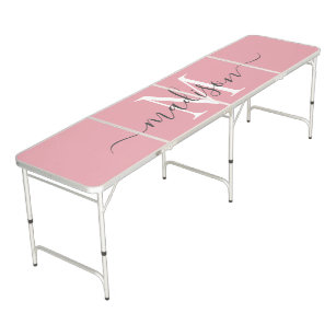 Girly Blush Pink Monogram Elegant Script Grey Name Beer Pong Table