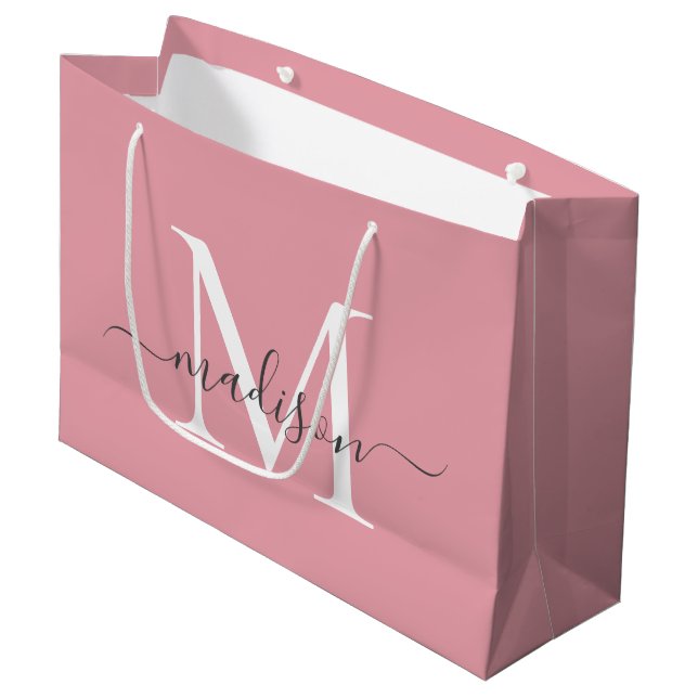 Girly Blush Pink Monogram Grey Elegant Script Name Large Gift Bag (Front Angled)
