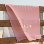 Girly blush pink monogram name script personalized beach towel<br><div class="desc">Modern blush dusty pink monogrammed and name personalized beach towel with a white chic feminine signature script.</div>