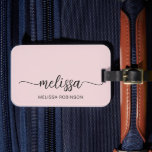Girly Blush Pink Monogram Name Signature Script  Luggage Tag<br><div class="desc">Girly Feminine Minimalist Simple Clean Blush Pink Monogram Name Signature Script Custom Personalized Luggage Bag Tag. This design featuring your first name in a pretty hand lettered style swash tail calligraphy font signature (or typography) and full name on dusty pink or light pastel blush pink background. These are easy to...</div>
