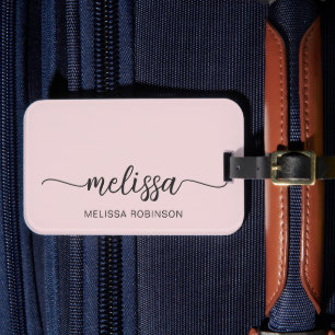 Girly Blush Pink Monogram Name Signature Script  Luggage Tag
