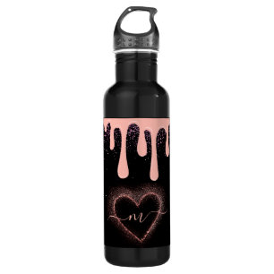 Girly Blush Pink Paint Drip Glitter Monogrammed  710 Ml Water Bottle