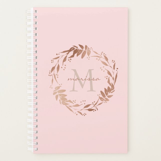 Girly Blush Pink Rose Gold Custom Monogram Planner (Front)