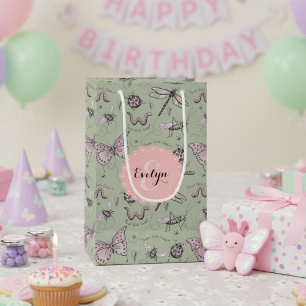 Girly Blush Pink & Sage Sweet Little Critter Name Small Gift Bag