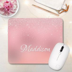 Girly Blush Pink Silver Glitter Personalized Name Mouse Pad