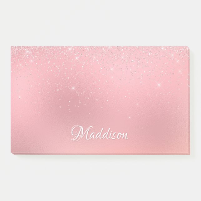 Girly Blush Pink Silver Glitter Personalized Name Post-it Notes (Front)