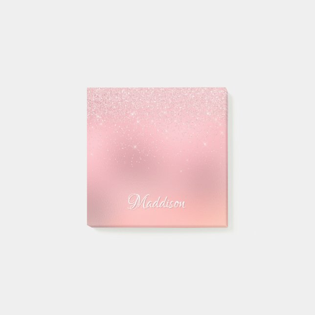 Girly Blush Pink Silver Glitter Personalized Name Post-it Notes (Front)