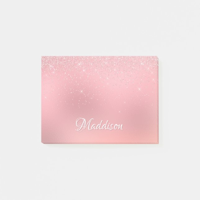 Girly Blush Pink Silver Glitter Personalized Name Post-it Notes (Front)