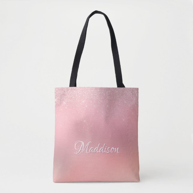 Girly Blush Pink Silver Glitter Personalized Name Tote Bag (Front)