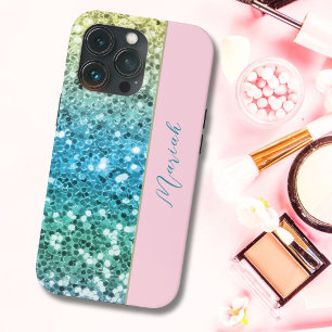 Girly Blush Pink Sparkle Blue Teal Rainbow Glitter iPhone 13 Pro Case