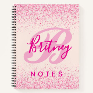 Girly Blush Pink Sparkle Monogram Name Notebook