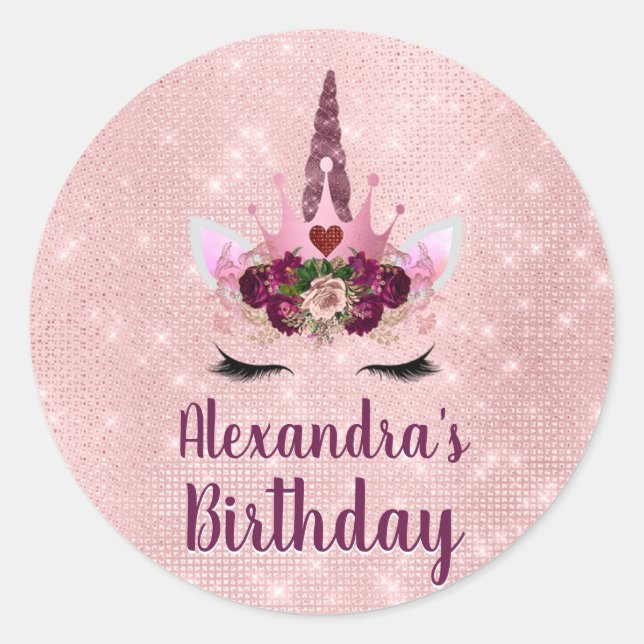 Girly Blush Pink Sparkle Unicorn Birthday Party Classic Round Sticker (Front)