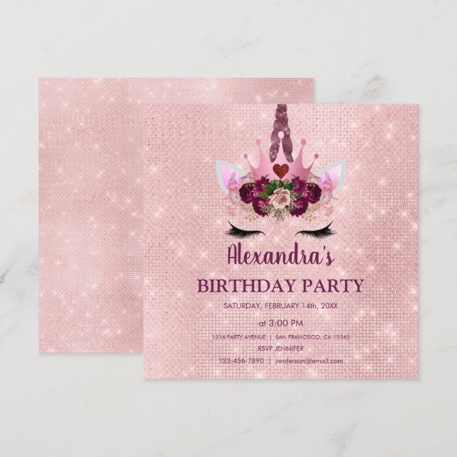 Girly Blush Pink Sparkle Unicorn Birthday Party Invitation (Front/Back)