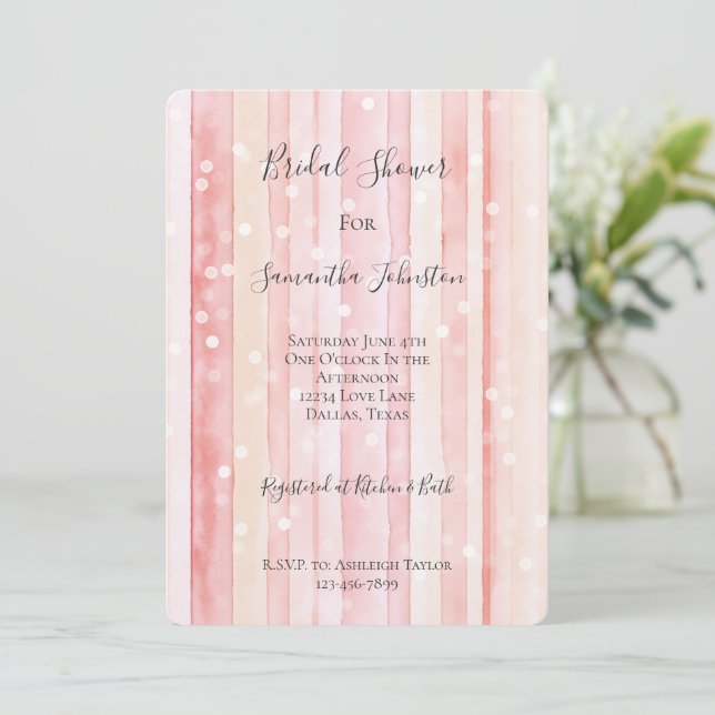 Girly Blush Pink Stripes White Dots Bridal Shower Invitation (Standing Front)