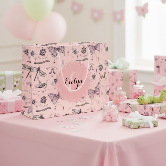 Girly Blush Pink Sweet Little Critter Monogram Large Gift Bag (Cute Pink Girly Insects Pattern Gift Bag with Monogram for Girl Baby Shower or Kids Birthday Party)