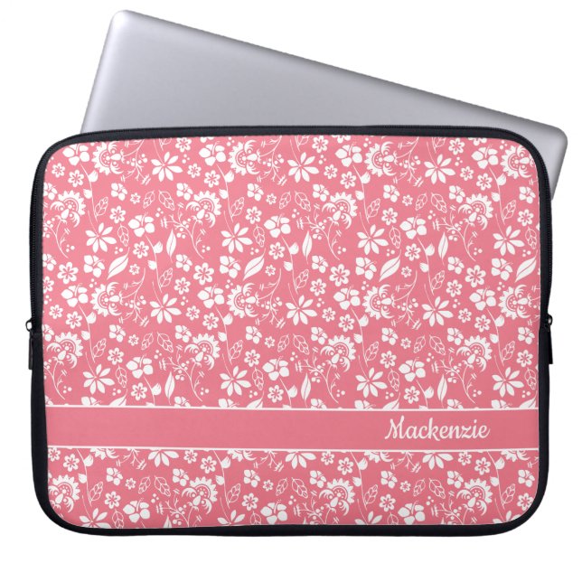 Girly Blush Pink Tropical Flowers Monogram Laptop Sleeve (Front)
