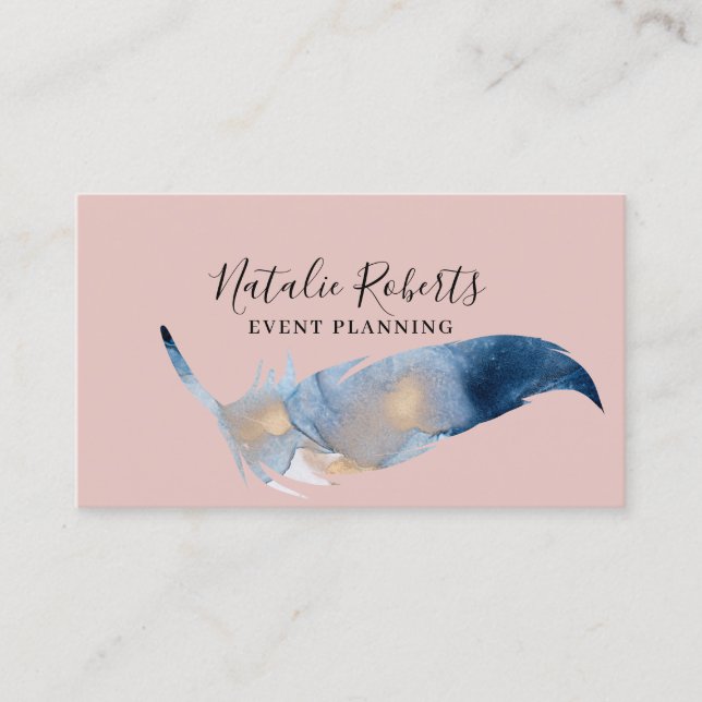 Girly Blush Pink Watercolor Feather Event Planning Business Card (Front)