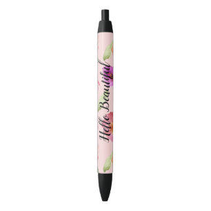 Girly Blush Pink Watercolor Flowers Black Ink Pen
