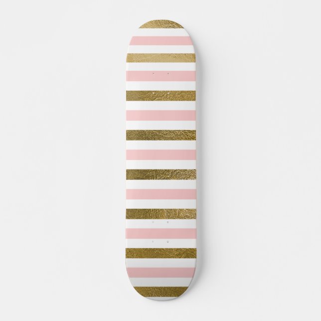 Girly Blush Pink, White and Gold Foil Pattern Skateboard (Front)