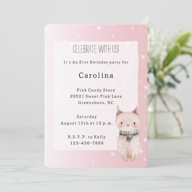 Girly Blush Pink White Dots Cat Birthday Invitation (Standing Front)
