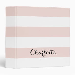 girly blush pink white stripes custom script name binder