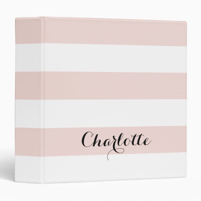 girly blush pink white stripes custom script name binder (Front/Spine)