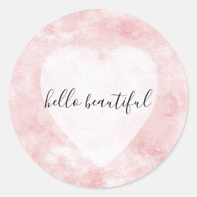Girly Blush Pink White Watercolor Heart Classic Round Sticker (Front)