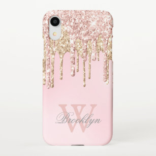 Girly Blush Rose Gold Glitter Drips Monogrammed iPhone XR Case