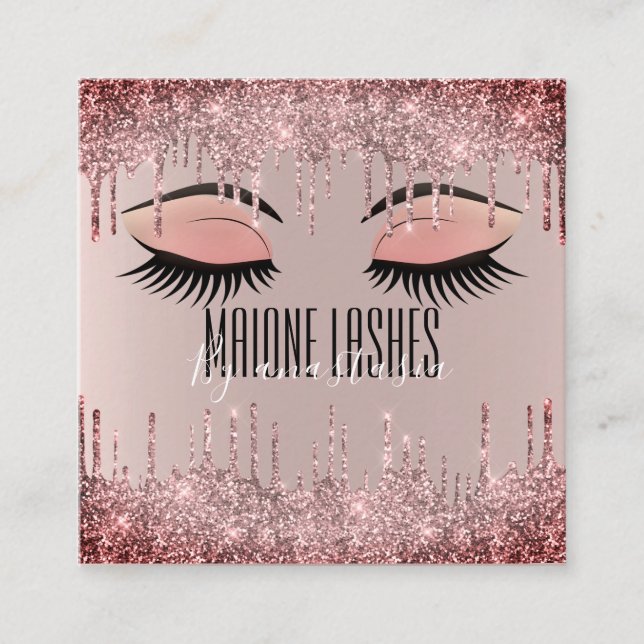 Girly Blush Rose Gold Glittery Lash Drips Artist Square Business Card (Front)