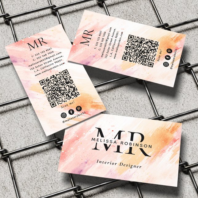 Girly Blush Watercolor Strokes Monogram & QR Code Business Card (Creator Uploaded)