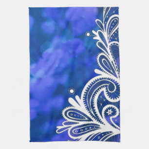 Girly bohemian chic blue floral white lace kitchen towel