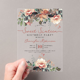 Girly Boho Fall Floral Sweet 16 Birthday Party  Acrylic Invitations