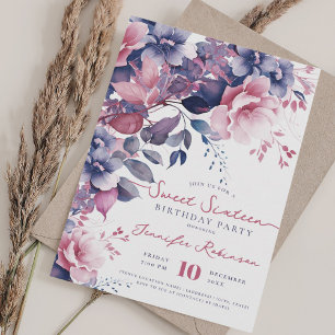 Girly Boho Purple Floral Sweet 16 Birthday Party Invitation
