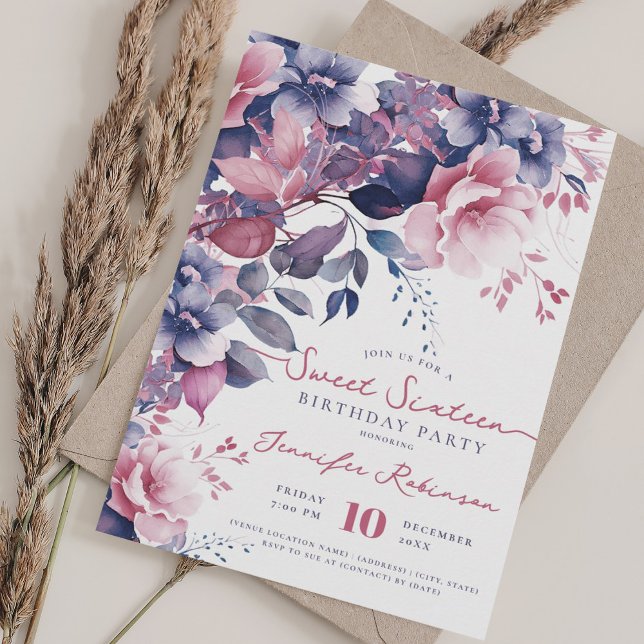 Girly Boho Purple Floral Sweet 16 Birthday Party Invitation (Girly Boho Purple Floral Sweet 16 Birthday Party Invitation)