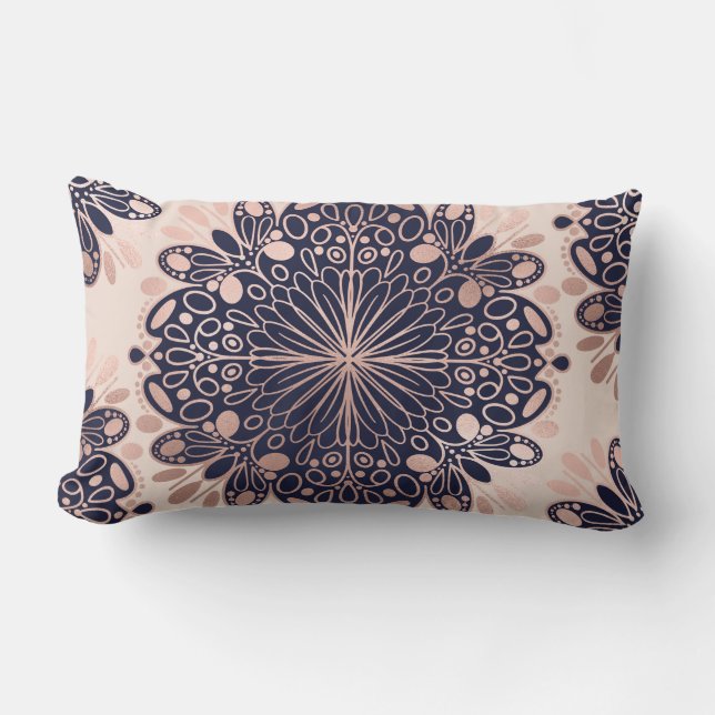 Girly Boho Rose Gold Blush Pink Navy Mandalas Lumbar Pillow (Front)