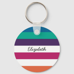 Girly Bold Rainbow Big Horizontal Stripes and Name Keychain