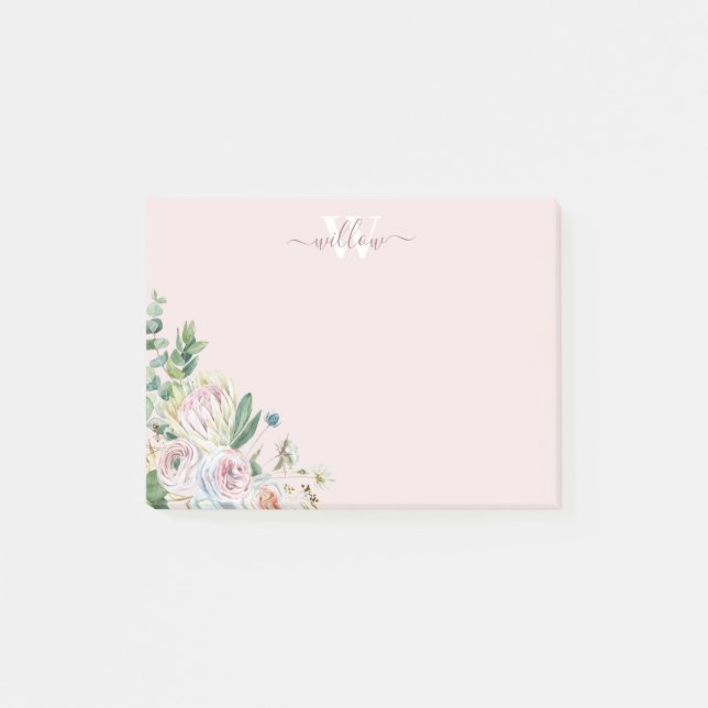 Girly Botanical Monogram Greenery Post-It Notes (Front)