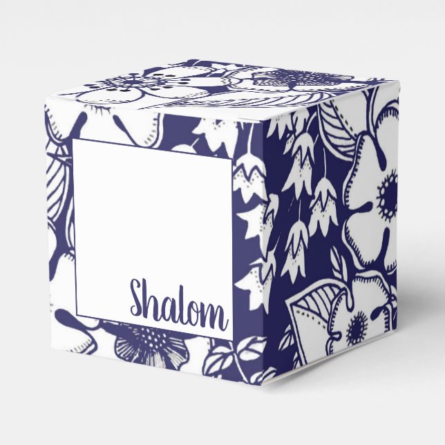 Girly Botanical Shalom Blue White Garden Drawing Favor Box (Front Side)