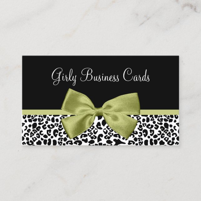 Girly Boutique Leopard Print Stylish Green Bow Business Card (Front)